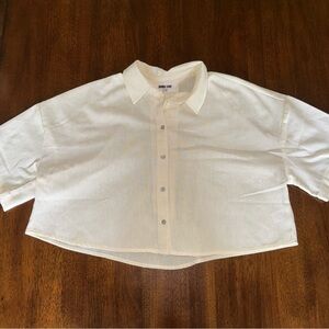 Double Zero White Cream Linen Blend Short Sleeve Cropped Button-Down Shirt Small